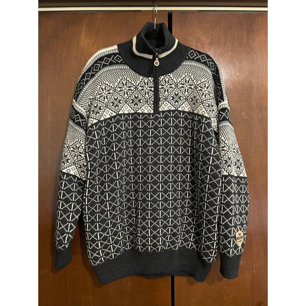 Windfjord Of Norway Wool Fair Isle 1/4 Zip Black White Mens XL Pull Over Sweater